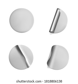 Silver round crumpled stickers with peeling corner mock up set. Adhesive silver foil or plastic sticker label with wrinkled effect on white background. Blank template label tags. 3d realistic vector