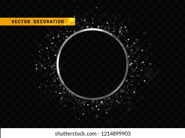 Silver round frame isolated on transparent background. Glitter border shining particles, of light effects
