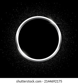 Silver round frame for picture with metallic glitter on black background. Blank space for painting, card or photo. 3d realistic modern circle template vector illustration. Simple metal object mockup.