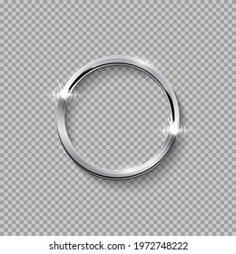 Silver round frame for picture on transparent background. Blank space for picture, painting, card or photo. 3d realistic modern circle template vector illustration. Simple chrome object mockup.