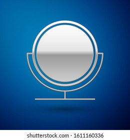 Silver Round makeup mirror icon isolated on blue background.  Vector Illustration