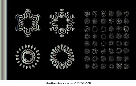 Silver round ornament pattern on black background. Kaleidoscope, medallion, tattoo, astrology, boho and magic symbol.