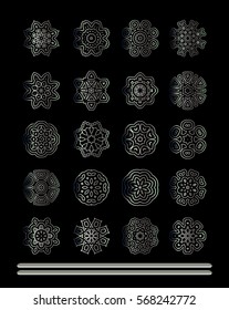 Silver round ornament pattern on black background. Kaleidoscope, medallion, tattoo, astrology, boho and magic symbol.