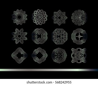 Silver round ornament pattern on black background. Kaleidoscope, medallion, tattoo, astrology, boho and magic symbol.