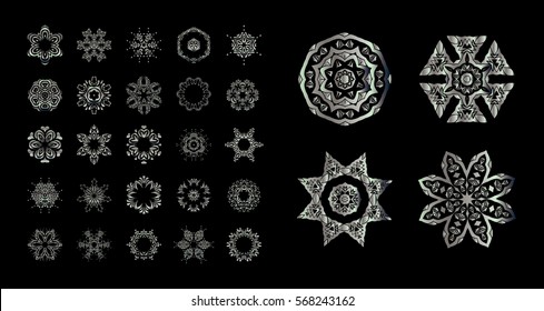 Silver round ornament pattern on black background. Kaleidoscope, medallion, tattoo, astrology, boho and magic symbol.