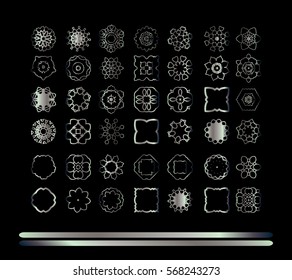 Silver round ornament pattern on black background. Kaleidoscope, medallion, tattoo, astrology, boho and magic symbol.