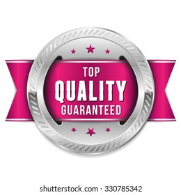 Silver round top quality badge with purple ribbon on white background