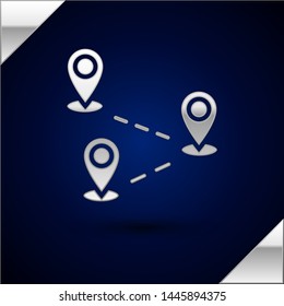 Silver Route location icon isolated on dark blue background. Map pointer sign. Concept of path or road. GPS navigator.  Vector Illustration