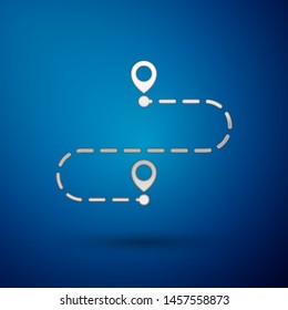 Silver Route location icon isolated on blue background. Map pointer sign. Concept of path or road. GPS navigator.  Vector Illustration