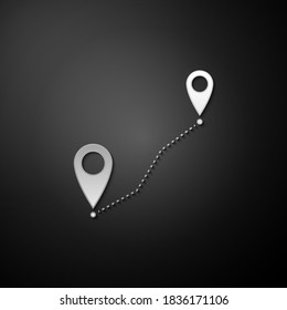Silver Route location icon isolated on black background. Map pointer sign. Concept of path or road. GPS navigator. Long shadow style. Vector.