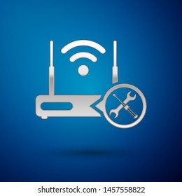 Silver Router Wi-fi With Screwdriver And Wrench Icon Isolated On Blue Background. Adjusting, Service, Setting, Maintenance, Repair, Fixing.  Vector Illustration