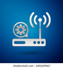 Silver Router and wi-fi signal and gear icon isolated on blue background. Adjusting app, service concept, setting options, maintenance, repair, fixing. Vector Illustration
