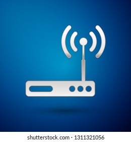 Silver Router and wi-fi signal symbol icon isolated on blue background. Wireless ethernet modem router. Computer technology internet. Vector Illustration