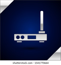 Silver Router and wi-fi signal symbol icon isolated on dark blue background. Wireless ethernet modem router. Computer technology internet.  Vector Illustration