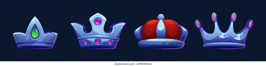 Corona real de plata con almohada roja, piedra preciosa rosa y verde para el cuento de hadas o el diseño de ui juego. Conjunto de Ilustración vectorial de dibujos animados de corona de joyas medievales con diamantes preciosos. Precioso símbolo majestuoso.