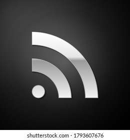 Silver RSS icon isolated on black background. Radio signal. RSS feed symbol. Long shadow style. Vector.