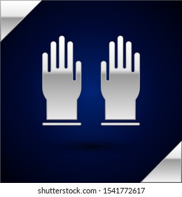 Silver Rubber gloves icon isolated on dark blue background. Latex hand protection sign. Housework cleaning equipment symbol.  Vector Illustration