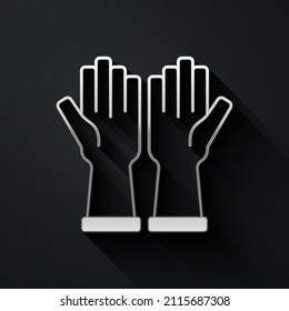 Icono de guantes de goma plateada aislado en fondo negro. Signo de protección de la mano de látex. Símbolo del equipo de limpieza de limpieza de la casa. Estilo de sombra larga. Vector
