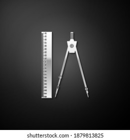 Silver Ruler und Zeichnen Kompass Symbol einzeln auf schwarzem Hintergrund. Zeichnung des professionellen Instruments. Geometrische Ausrüstung. Bildungszeichen. Lange Schattenstil. Vektorgrafik.