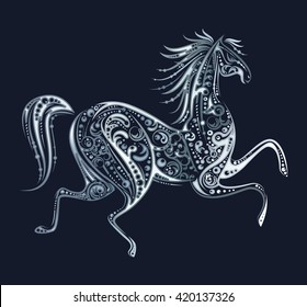 Silver running horse made by floral elements on dark background. Template design for icon, emblem, print or mascot. Animal concept. Vintage style. Vector illustration. 