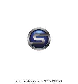 Logotipo de la letra 3D de plata en círculo sobre fondo azul
