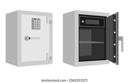 silver safe box open and close set vector illustration isolated on white background.
