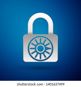 Silver Safe combination lock wheel icon isolated on blue background. Combination padlock. Security, safety, protection, password, privacy concept. Vector Illustration