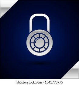 Silver Safe combination lock wheel icon isolated on dark blue background. Combination padlock. Security, safety, protection, password, privacy.  Vector Illustration