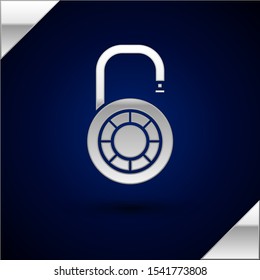 Silver Safe combination lock wheel icon isolated on dark blue background. Combination padlock. Security, safety, protection, password, privacy.  Vector Illustration