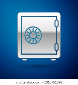Silver Safe icon isolated on blue background. The door safe a bank vault with a combination lock. Reliable Data Protection. Vector Illustration