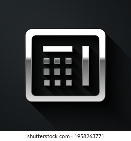 Silver Safe icon isolated on black background. The door safe a bank vault with a combination lock. Reliable Data Protection. Long shadow style. Vector Illustration