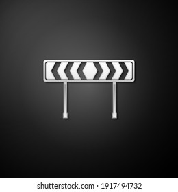 Silver Safety barricade symbol icon isolated on black background. Traffic sign road. Road block sign. Long shadow style. Vector.
