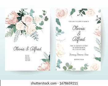 Silver sage and blush pink flowers vector design frames. Creamy beige and dusty rose, peony, protea, eucalyptus, greenery. Wedding floral.Pastel watercolor background.Elements are solated and editable