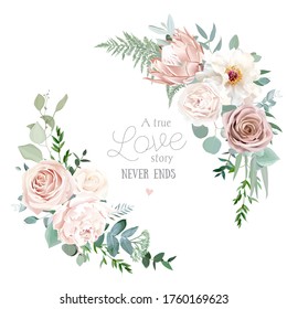 Silver sage and blush pink flowers vector round frame. Creamy beige and dusty rose, white peony, protea, ranunculus, eucalyptus. Wedding floral. Pastel watercolor background. Isolated and editable