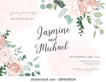 Silver sage and blush pink flowers vector design frame. Ivory beige and dusty rose, white peony, protea, ranunculus, eucalyptus. Wedding floral. Pastel watercolor background. Isolated and editable