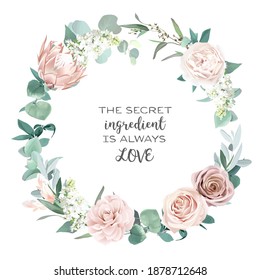 Silver sage and blush pink flowers vector round frame. Creamy beige and dusty rose, white ranunculus, protea, camellia, eucalyptus. Wedding floral. Pastel watercolor background. Isolated and editable