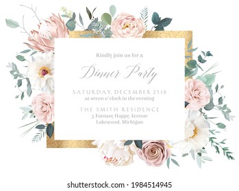 Silver sage and blush pink flowers vector design frame. Dusty rose, camellia, protea, ranunculus, peony, eucalyptus, greenery. Wedding gold glitter background. Elements are isolated and editable