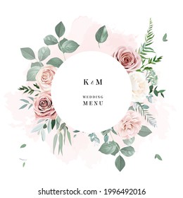 Silver sage and blush pink flowers vector design frame. Ivory beige and dusty rose, white peony, camellia, ranunculus, eucalyptus. Wedding floral. Pastel watercolor background. Isolated and editable