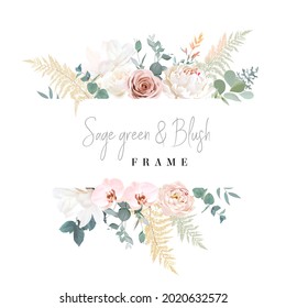 Silver sage and blush pink flowers vector design frame. Dusty rose, magnolia, peony, orchid, pampas grass, greenery. Wedding floral. Pastel watercolor background. Elements are isolated and editable