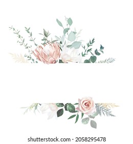 Silver sage and blush pink flowers vector design frame. Dusty rose, magnolia, dried pink protea, eucalyptus, greenery. Wedding floral. Pastel watercolor background. Elements are isolated and editable