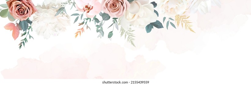 Silver sage and blush pink flowers vector design frame. Dusty rose, magnolia, peony, orchid, pampas grass, greenery. Wedding floral. Pastel watercolor background. Elements are isolated and editable