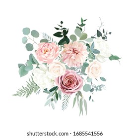 Silver sage green and blush pink flowers vector design bouquet. Beige and dusty rose, white ivory peony, dahlia, eucalyptus, greenery. Wedding floral garland. Pastel watercolor. Isolated and editable