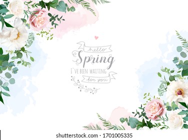 Silver sage green and blush pink flowers vector design frame. Beige and dusty rose, white ivory peony, eucalyptus, greenery. Spring wedding floral card. Pastel watercolor style. Isolated and editable