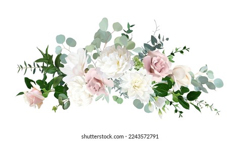 Silver sage green and blush pink flowers vector design bouquet. Dusty rose, white dahlia, beige magnolia, ivory peony, eucalyptus, greenery. Wedding floral garland. Watercolor. Isolated and editable