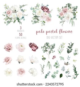 Silver sage green and blush pink flowers vector design big set. Dusty rose, white carnation, mauve rose, ranunculus, eucalyptus, greenery. Wedding floral garland. Watercolor. Isolated and editable