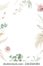 Silver sage green and blush pink flowers vector design frame. Dusty rose, white orchid, pampas grass, eucalyptus, greenery, dried palm leaf. Wedding floral garland. Watercolor. Isolated and editable