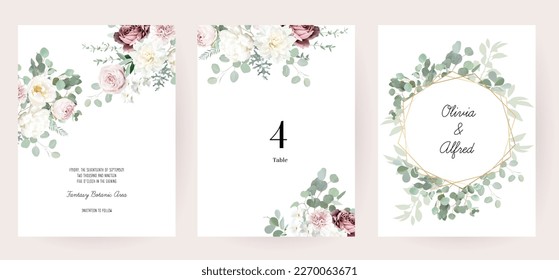 Silver sage green and blush pink flowers vector design frames. Dusty rose, white carnation, mauve rose, ranunculus, eucalyptus, greenery. Wedding floral garland. Watercolor. Isolated and editable