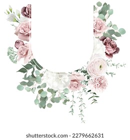 Silver sage green and blush pink flowers vector design frame. Dusty rose, white carnation, mauve rose, ranunculus, eucalyptus, greenery. Wedding floral garland. Watercolor. Isolated and editable