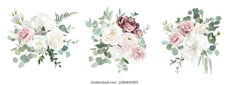 Silver sage green and blush pink flowers vector design bouquets. Dusty rose, white carnation, mauve rose, ranunculus, eucalyptus, greenery. Wedding floral garland. Watercolor. Isolated and editable