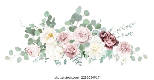 Silver sage green and blush pink flowers vector design bouquet. Dusty mauve rose, white dahlia, carnation, peony, ranunculus, eucalyptus, greenery. Wedding floral watercolor. Isolated and editable